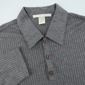 Perry Ellis Mens Gray Ribbed Long Sleeve Button Neck Polo Shirt
